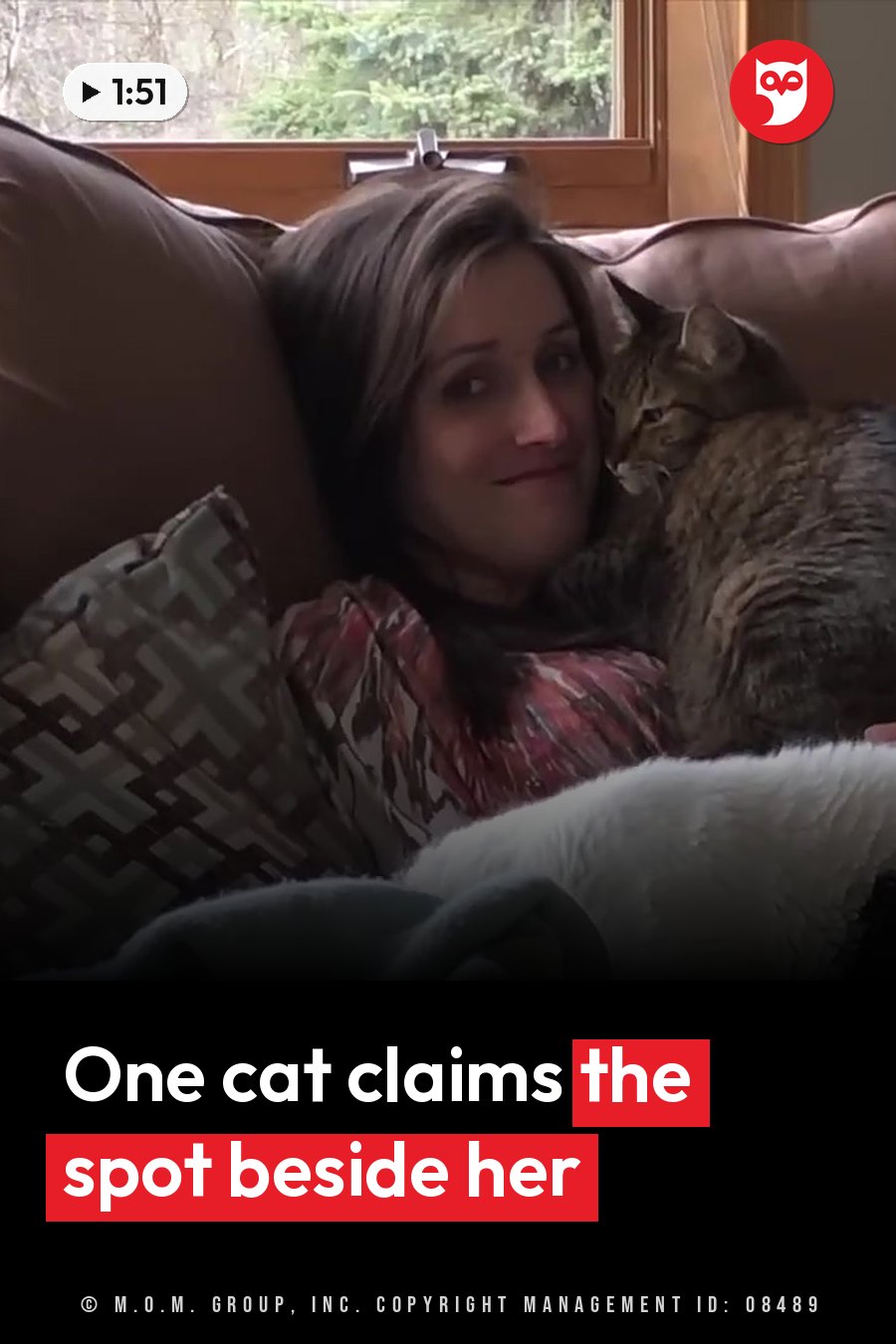 A woman rests on a couch with a cat curled up beside her, both near a window. A headline runs in white letters across the lower third.