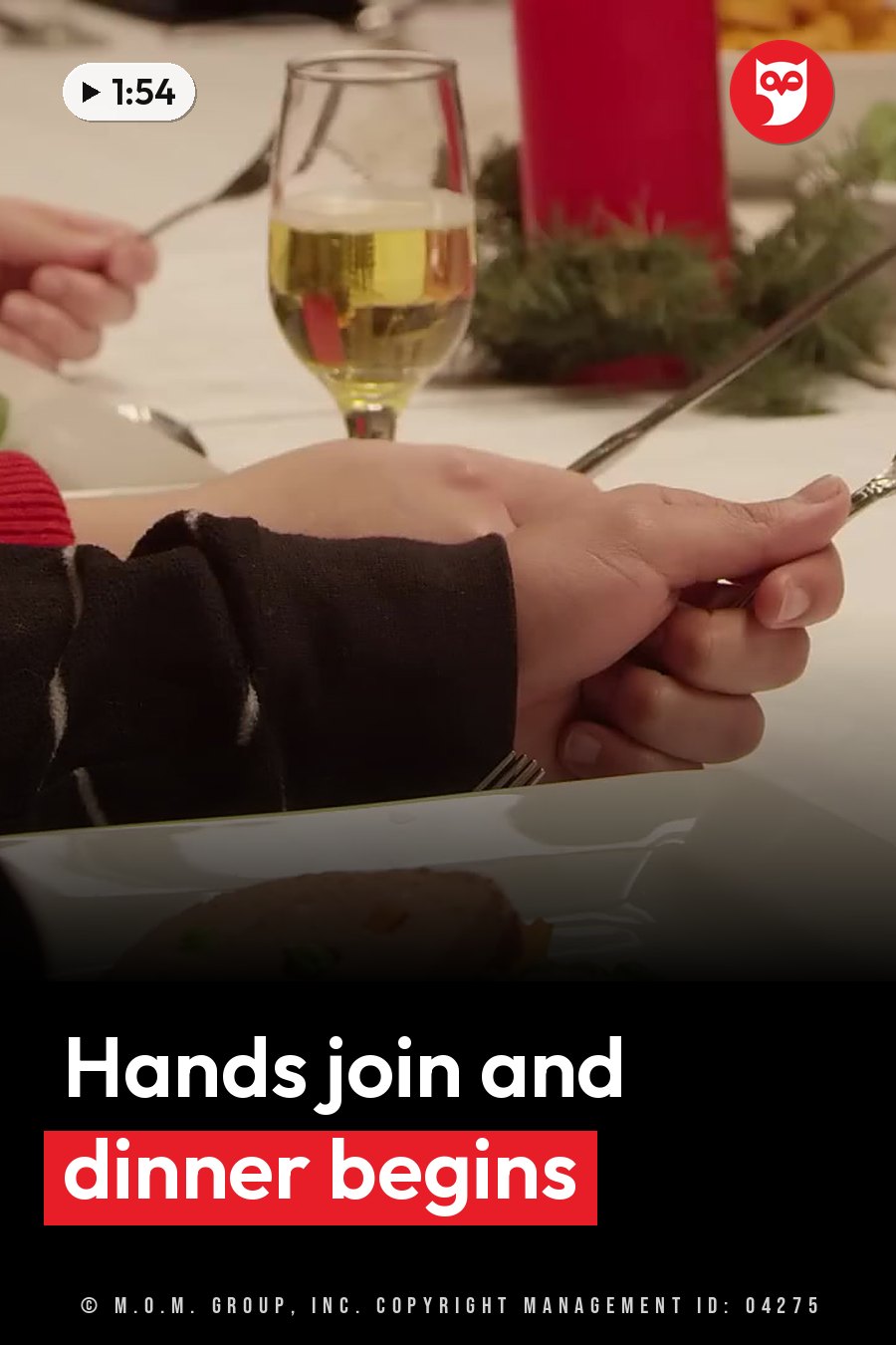 Two hands clasped over a holiday dinner table with a wine glass, a plate of food and festive decorations. A headline runs in white letters across the lower third.