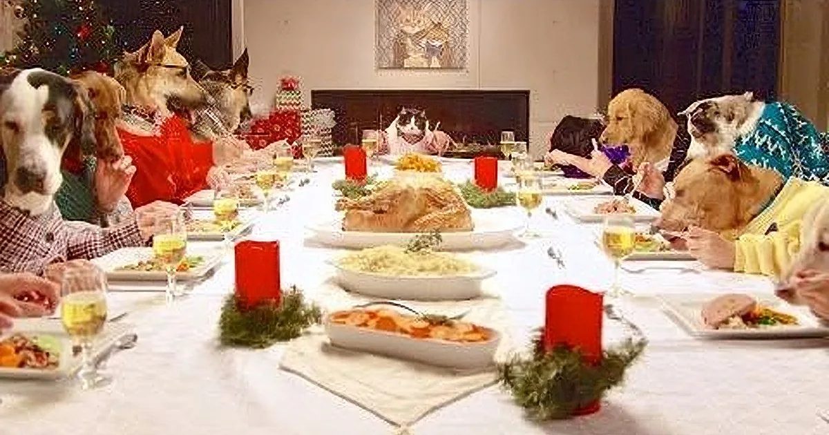 Festive holiday dinner scene with animals dressed as humans and various sweaters, indoors decorated for Christmas.