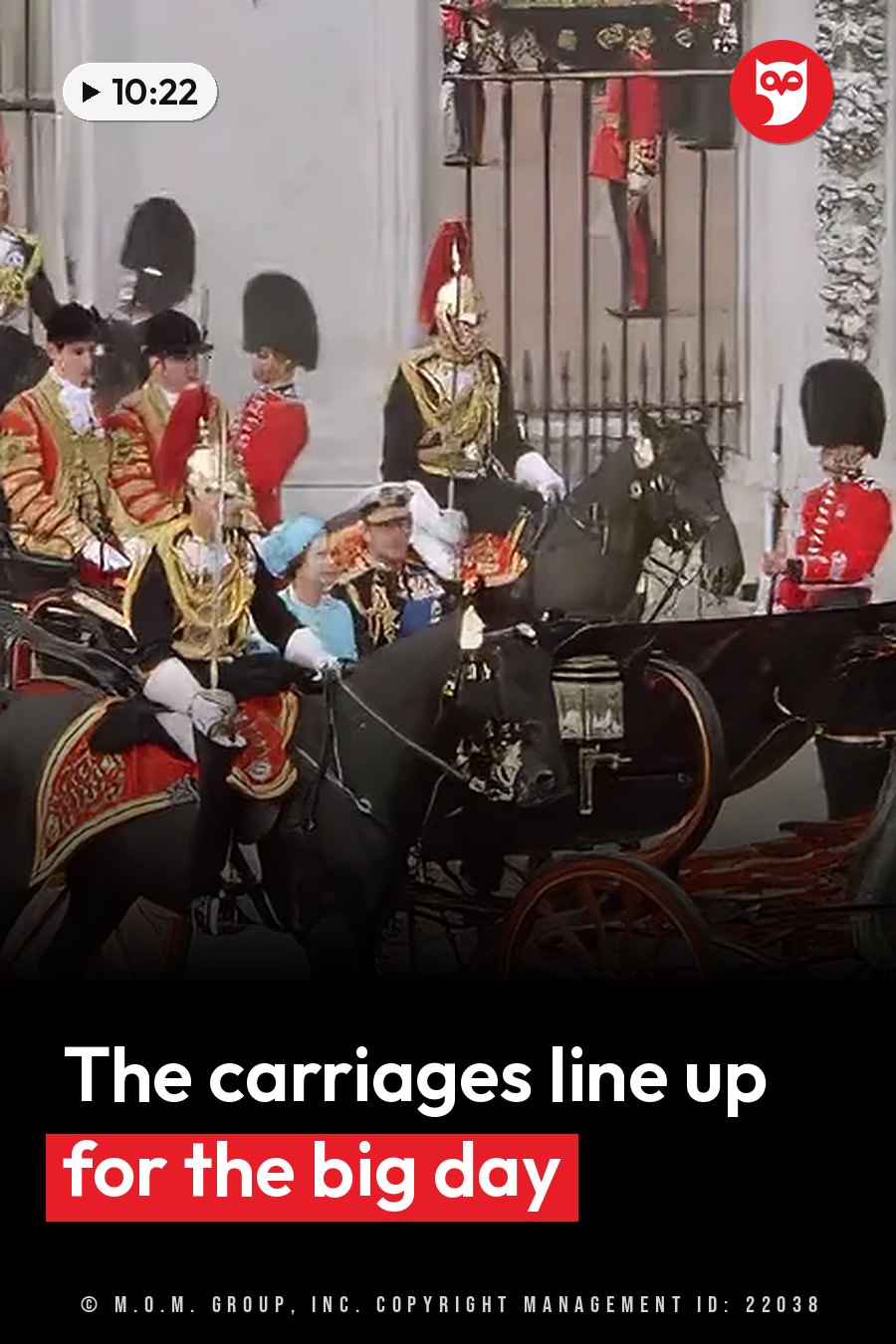 Uniformed guards on horseback and in carriages stand at attention near a building entrance. A headline runs in white letters across the lower third.