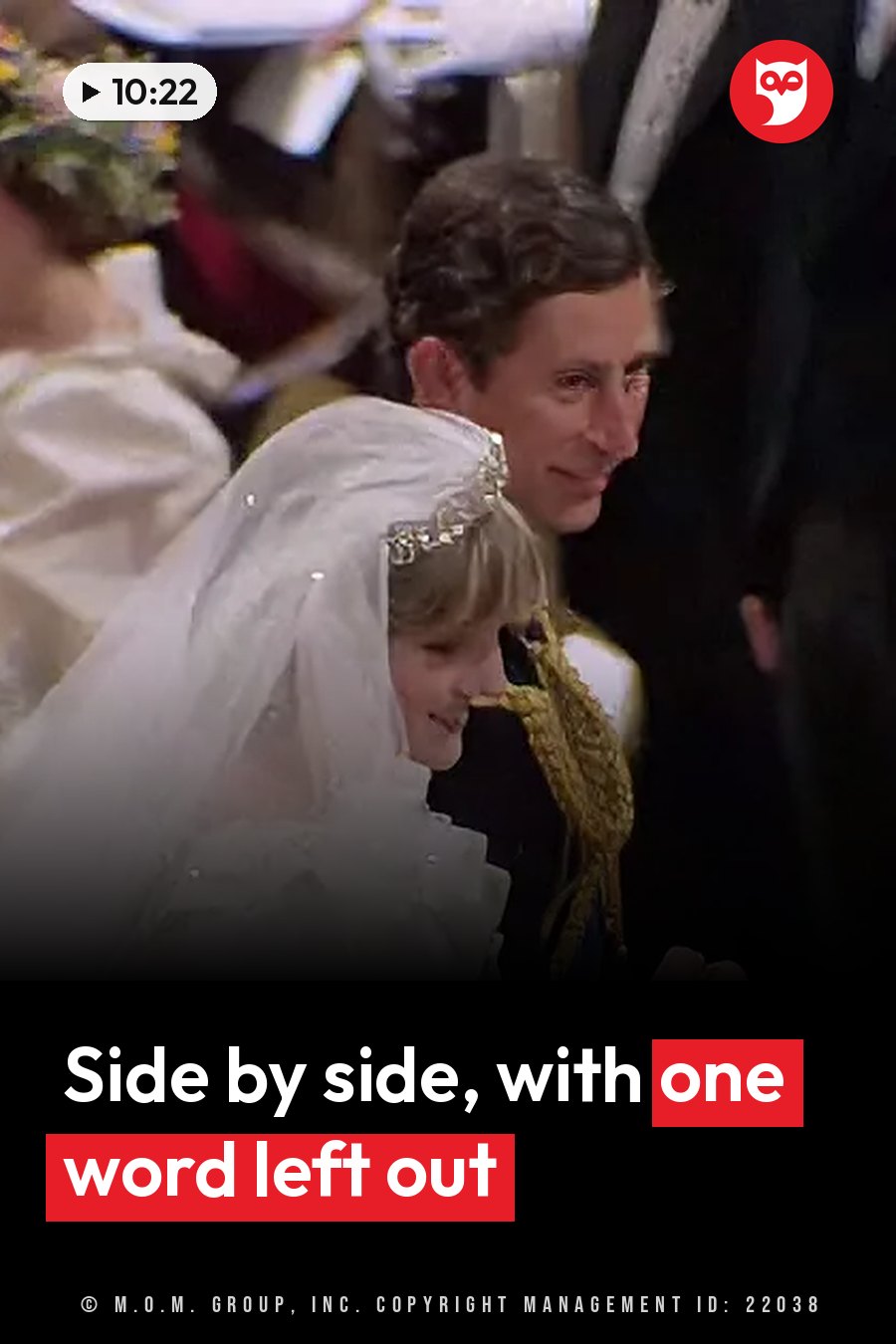 A bride and groom sit side by side, both smiling slightly and looking forward. A headline runs in white letters across the lower third.