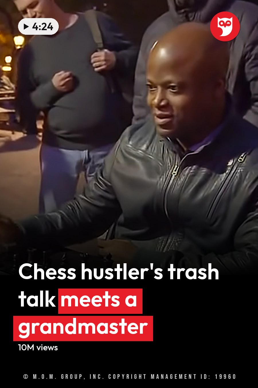 Adults playing chess in a park at night, surrounded by benches, trees, and artificial lighting. The headline runs in white letters across the lower third.