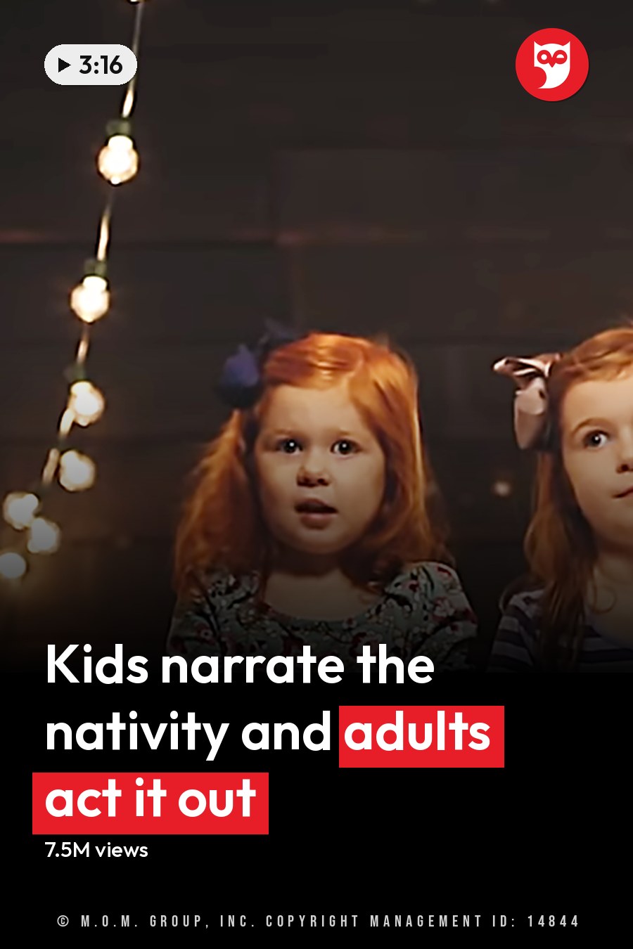Two young female children in a cozy indoor setting, wearing floral and striped dresses under string lights. The headline runs in white letters across the lower third.