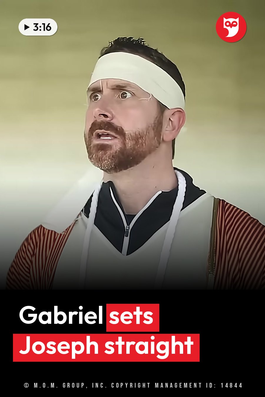 A bearded man in a headband, a striped shirt and a white vest looks up with his mouth slightly open. A headline runs in white letters across the lower third.