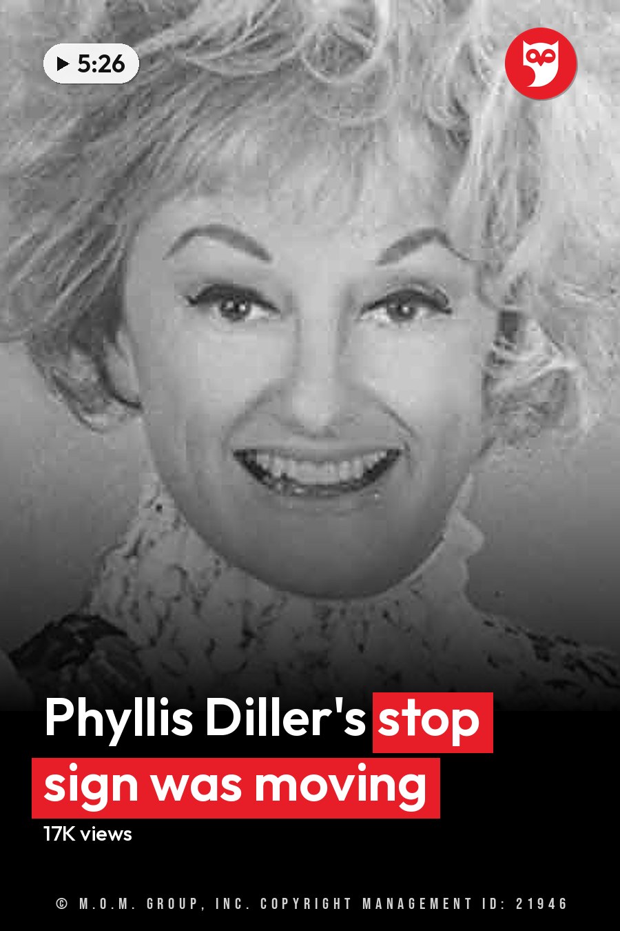 An older adult woman wearing a floral-patterned garment with intricate detailing and high collar or ruffled neckpiece in a studio setting, holding a cigarette. The headline runs in white letters across the lower third.