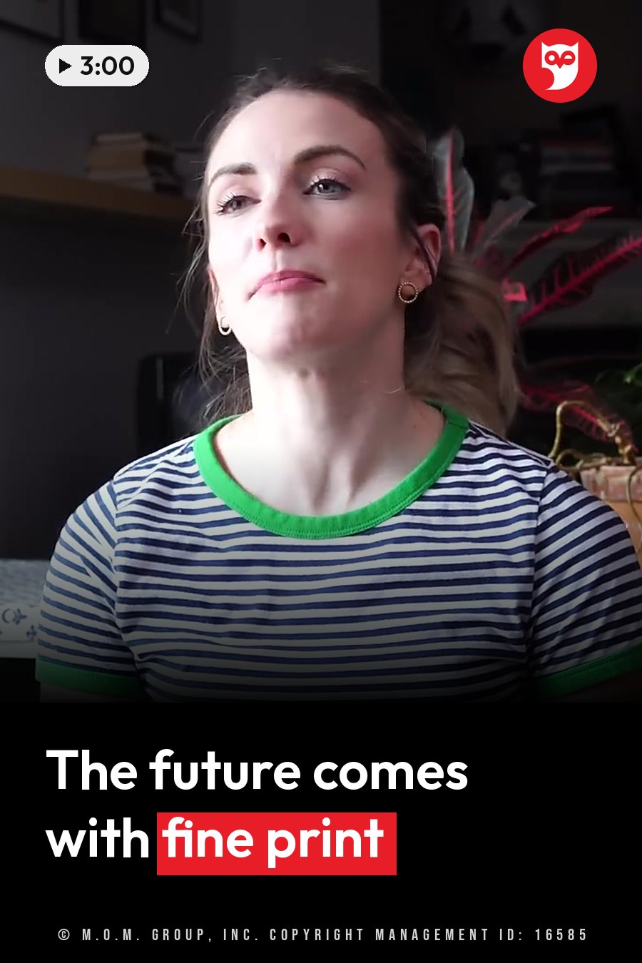 A woman with brown hair tied back, in a striped shirt, looks upward while seated indoors near plants. A headline runs in white letters across the lower third.