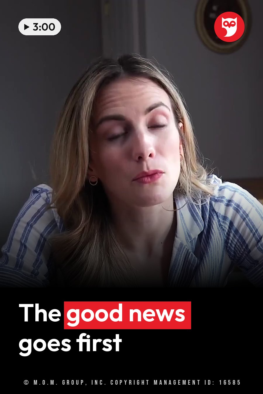 A woman in a striped shirt sits indoors with her eyes closed. A headline runs in white letters across the lower third.