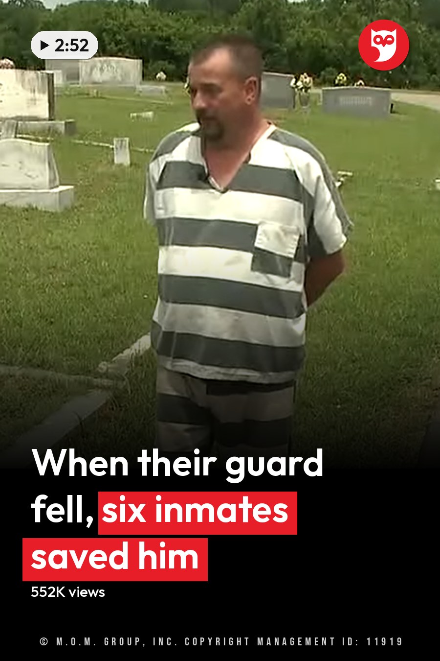 A middle-aged man wearing a prison jumpsuit with vertical gray and white stripes, standing in front of tombstones at a cemetery. The setting includes flowers on the tombstones, green grass, and daylight illuminating the scene. The headline runs in white letters across the lower third.
