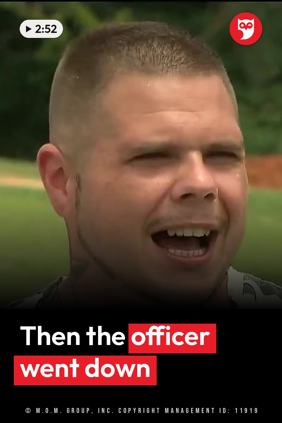 A man with short hair and a beard shouts outdoors, mouth wide open, against a blurred green background. A headline runs in white letters across the lower third.