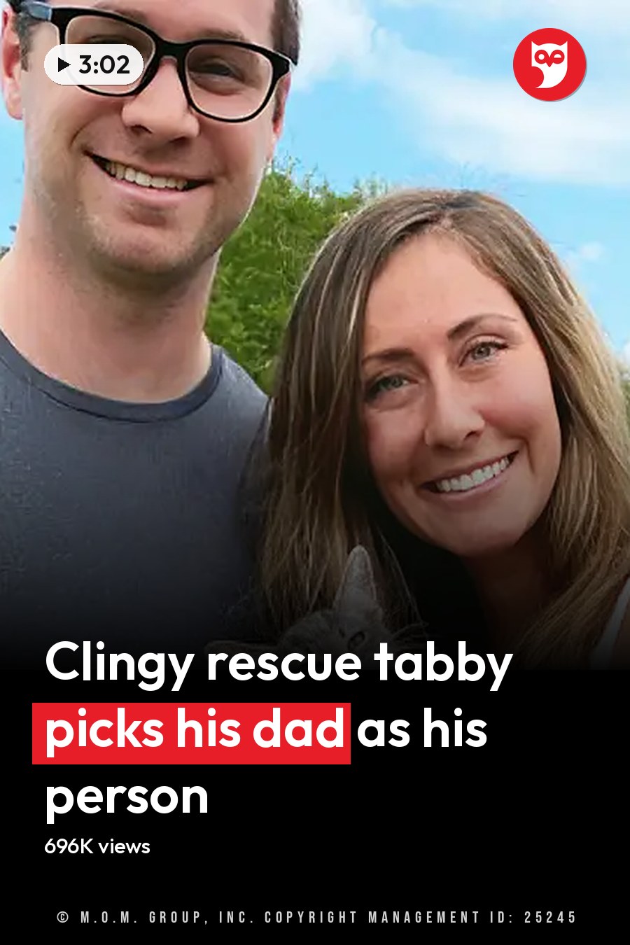 A young adult male singer and female holding a tabby kitten outdoors under clear blue skies; white car partially visible in the background, urban or suburban environment. The headline runs in white letters across the lower third.