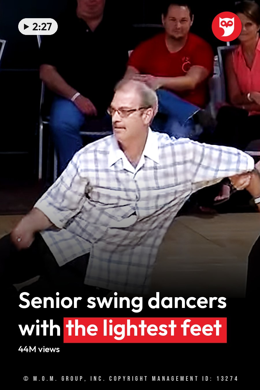 Middle-aged man dancing with an older adult woman in a dance studio or event space, surrounded by chairs and an audience watching. The headline runs in white letters across the lower third.