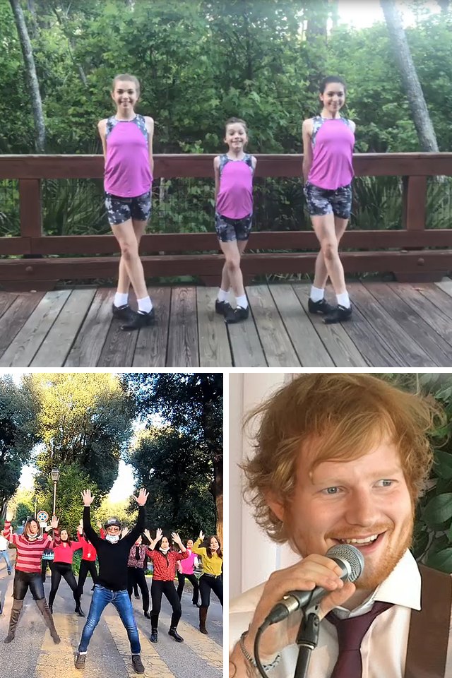 Collage of three video stills, one large above two small. Top: Three young female children in a wooded outdoor setting with lush greenery and natural light filtering…
