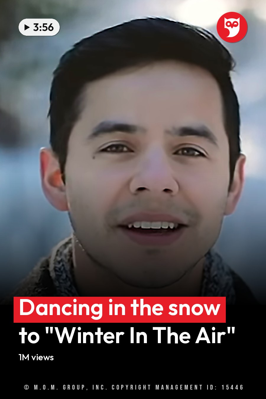 A young adult male stands outdoors in a snowy forest, wearing a dark, textured collar jacket with long sleeves folded up and a blue scarf. The headline runs in white letters across the lower third.
