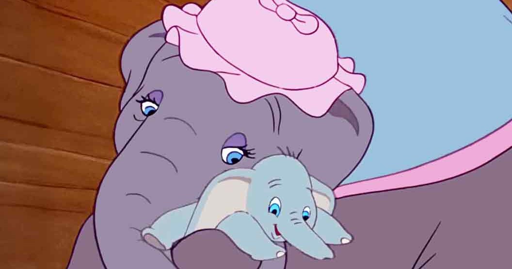 Two elephants, one wearing a pink hat with a bow, are resting indoors against a backdrop of light brown wooden paneling; their blue eyes stand out amidst muted gray tones.