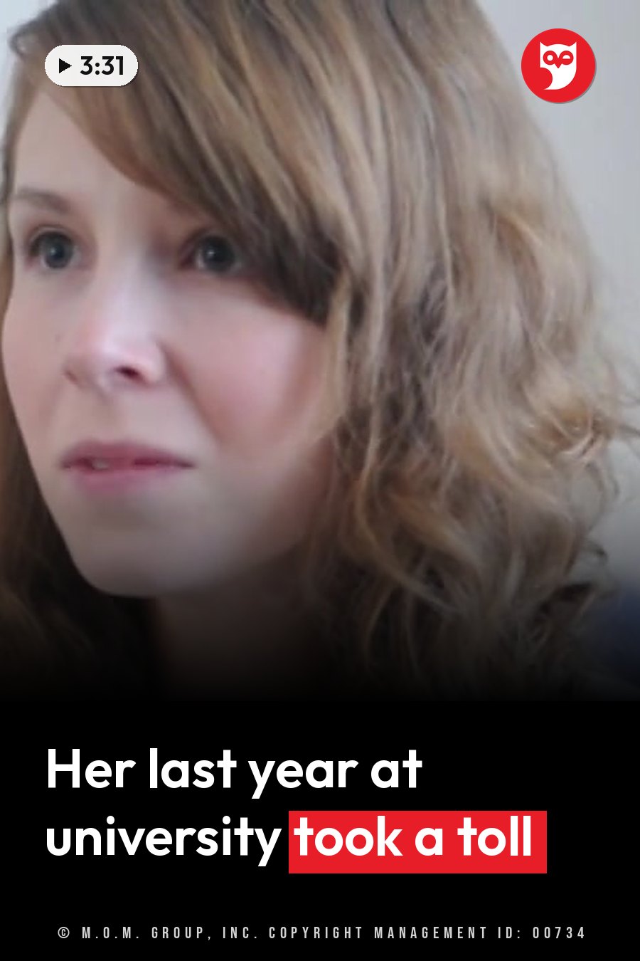 A young woman with light brown wavy hair looks off to one side, her lips parted as if she is speaking. A headline runs in white letters across the lower third.
