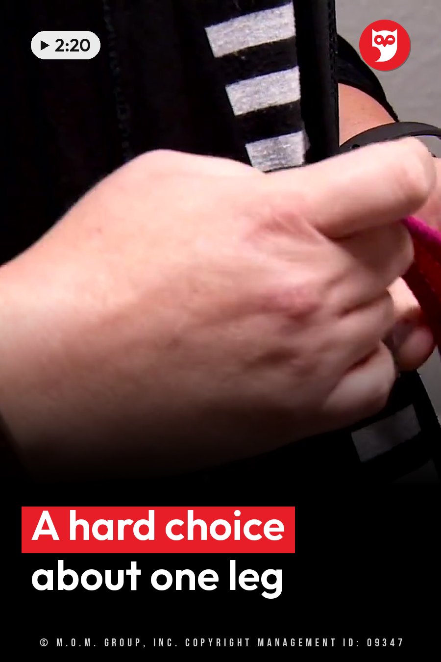 A hand grips a pink object and a black strap with white stripes against skin. A headline runs in white letters across the lower third.