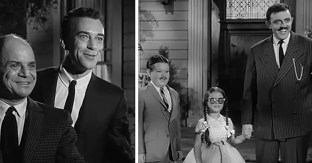 A daytime scene outside a residential home with parts of siding visible; includes older adults in formal attire on the left panel and a child in a light-colored dress with ruffles on the right.