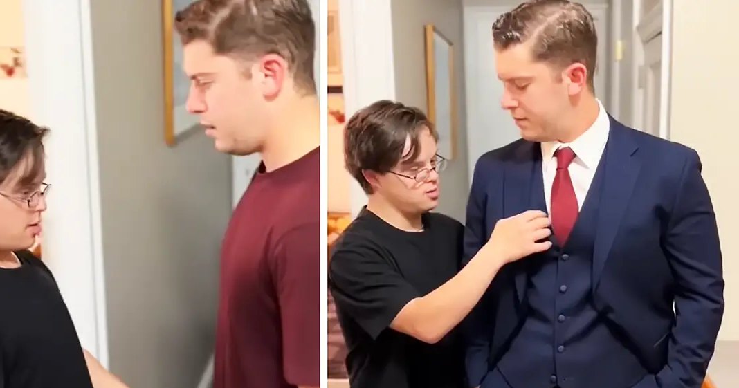 Two young adult males in a residential interior, wearing casual T-shirt and formal suit with red tie respectively.
