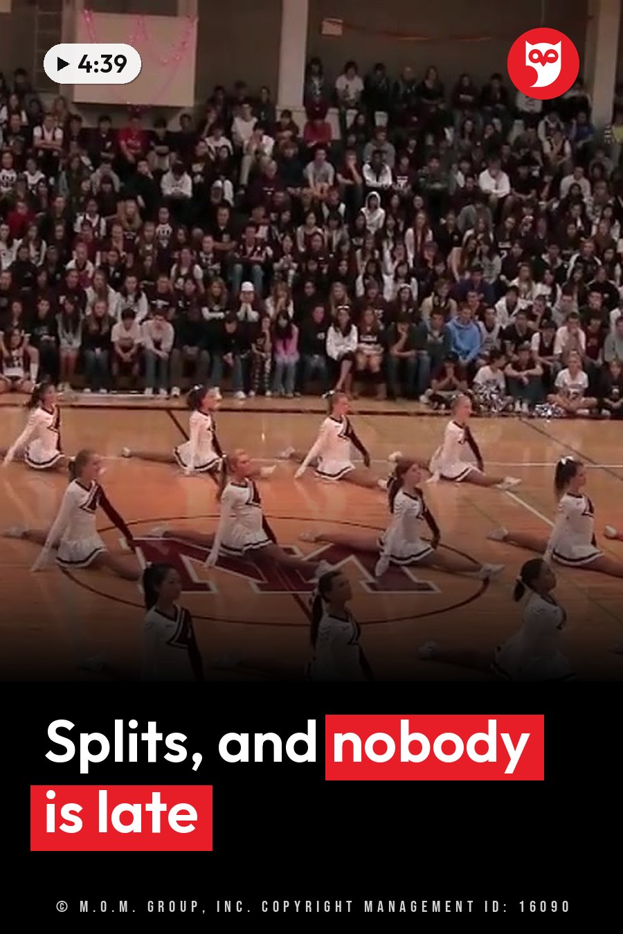 Girls in uniforms do splits at the same time on a gym floor while people watch from the bleachers. A headline runs in white letters across the lower third.