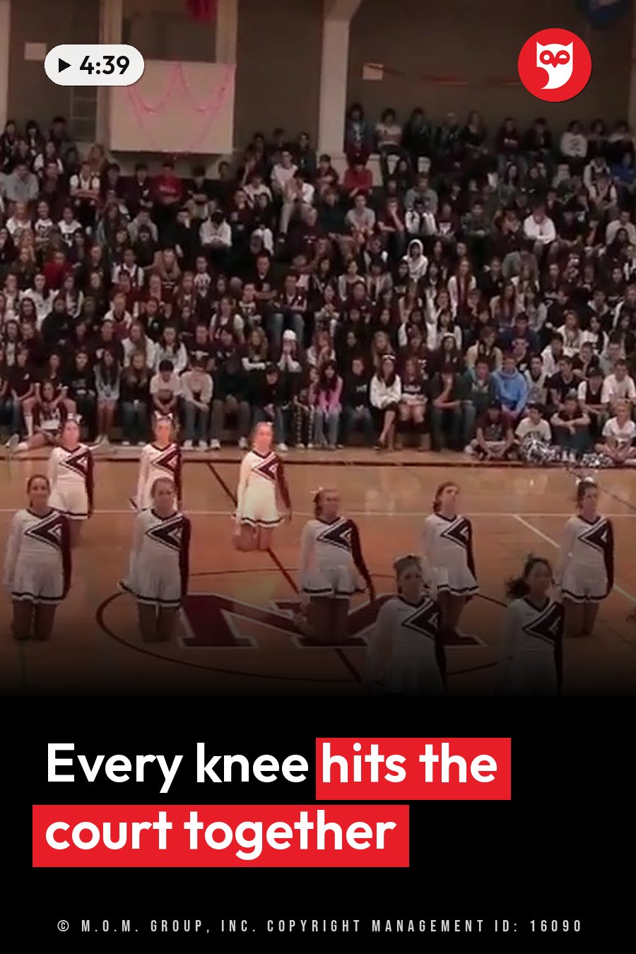 Girls in white uniforms kneel on a basketball court in front of an audience seated in bleachers. A headline runs in white letters across the lower third.