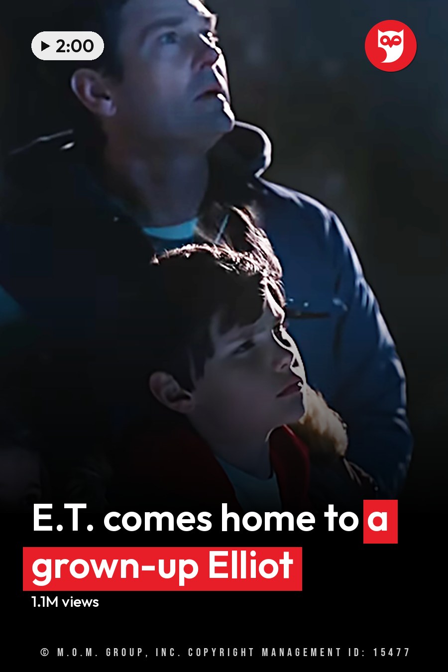 A family scene at night in an outdoor park-like area with trees and artificial lighting illuminating their faces. The headline runs in white letters across the lower third.