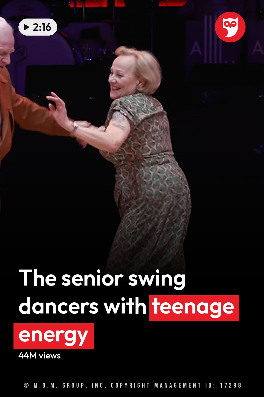 An older adult male and female couple dancing indoors, the man wearing a brown suit with white dress shoes, the woman in a green patterned dress with black slip-on shoes. The headline runs in white letters across the lower third.