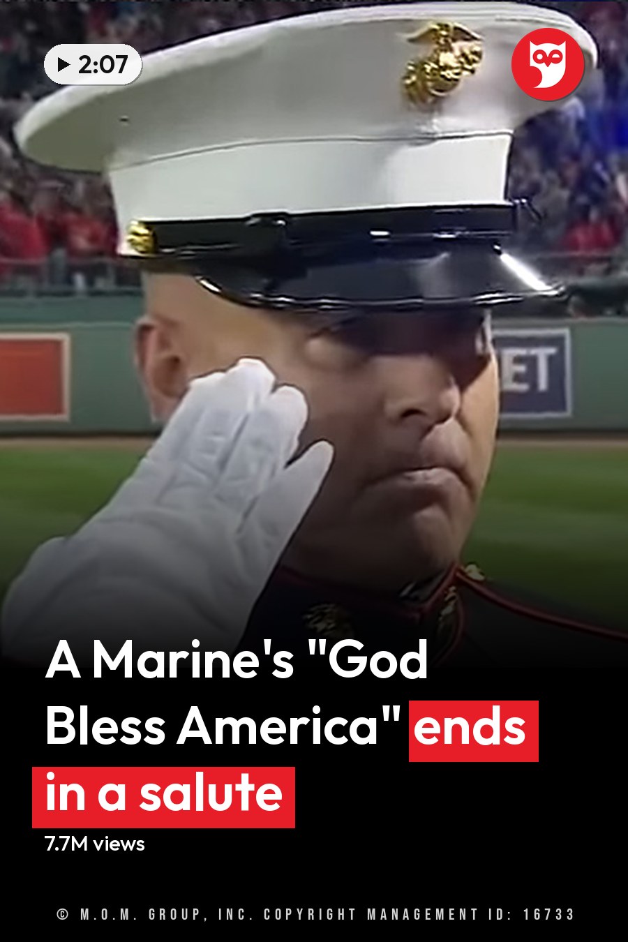An adult male marine saluting in Fenway Park during a spring or summer baseball game with a large crowd of spectators in the background. The headline runs in white letters across the lower third.