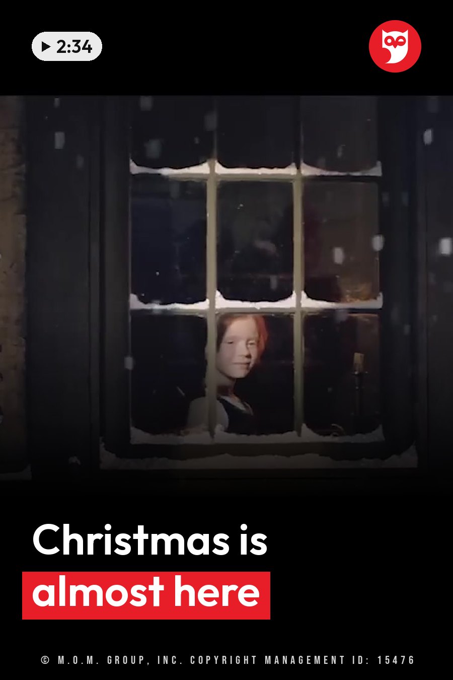 A child looks out of a snow-covered window at night while snow falls outside. A headline runs in white letters across the lower third.