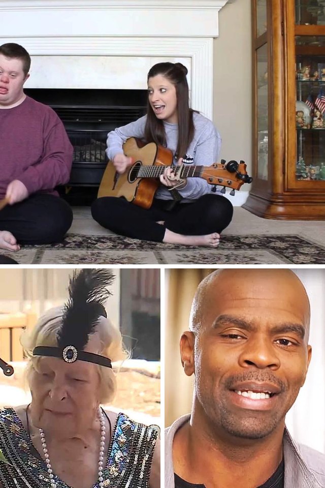 Collage of three video stills, one large above two small. Top: Young adult male singer in maroon sweatshirt, young adult female barefoot in gray shirt and black…