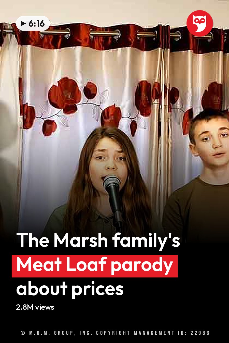 A family sings together in a home setting with curtains with red floral patterns, suggesting spring or summer. The scene is well-lit by natural daylight. The headline runs in white letters across the lower third.