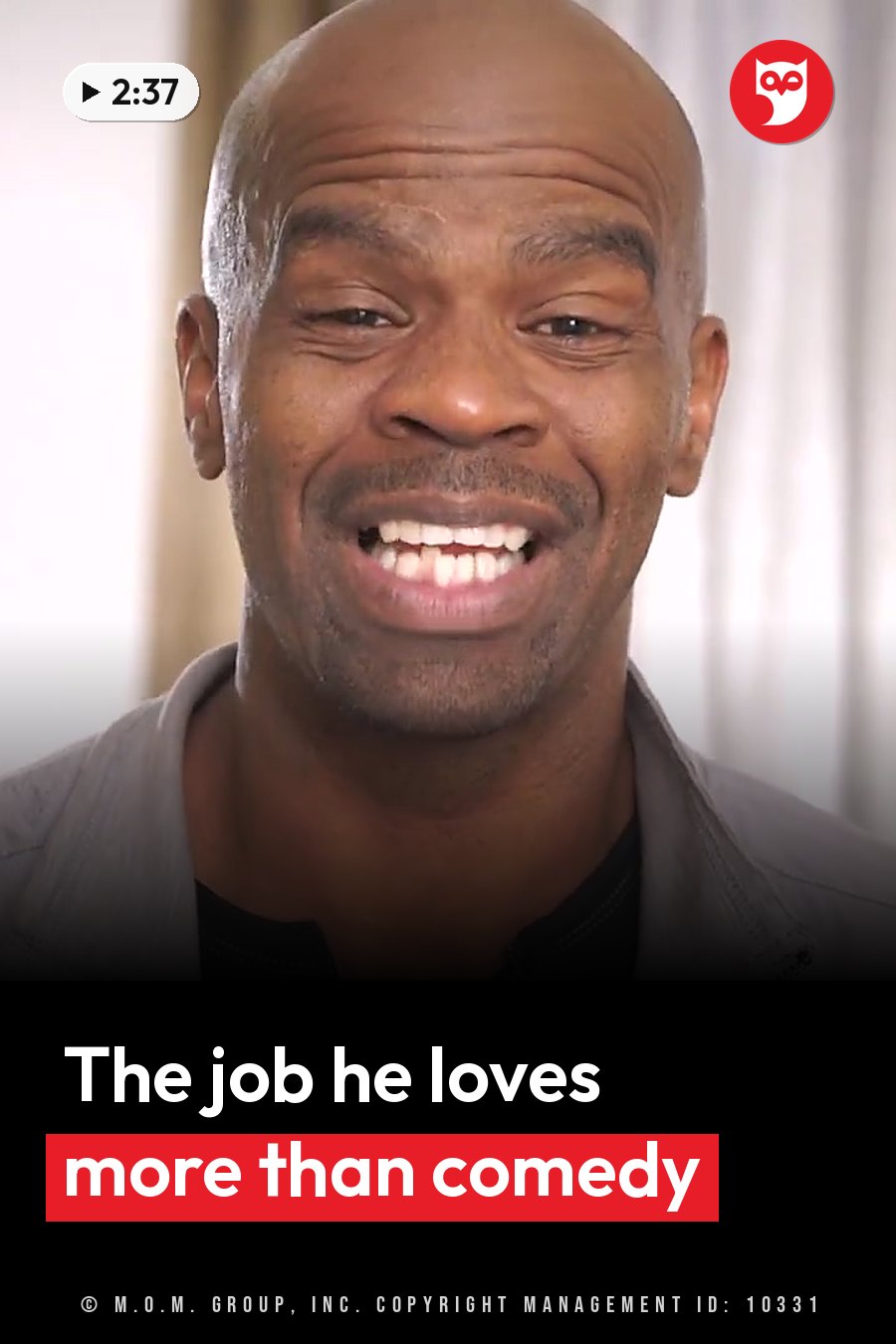 Michael Jr., a bald man with a mustache, smiles wide in a gray shirt over a black undershirt. A headline runs in white letters across the lower third.