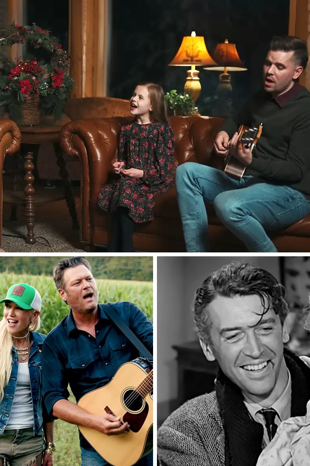 Collage of three video stills, one large above two small. Top: A cozy indoor living room scene with a family with adults in spring or summer attire, rustic furniture…