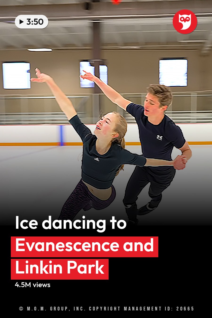 A young couple ice skating indoors at an indoor rink with white flooring and orange boundary lines, natural light from windows indicating daytime. The headline runs in white letters across the lower third.