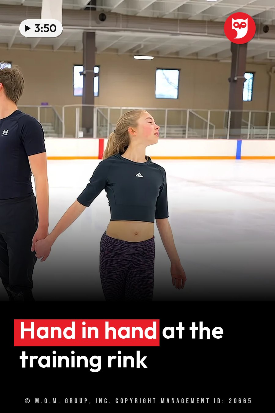 Two people hold hands on an ice rink, one looking up while standing still. A headline runs in white letters across the lower third.