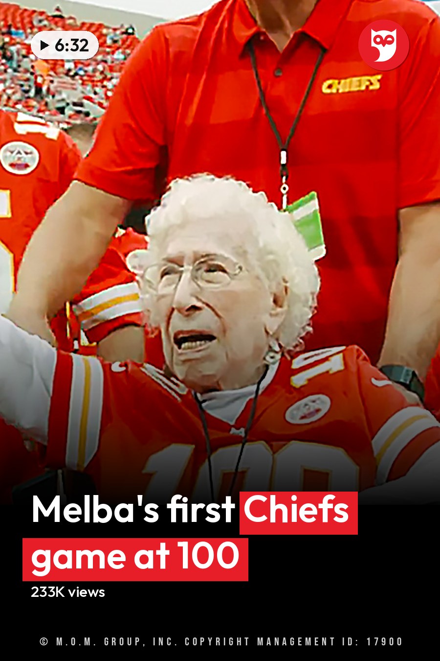An older adult woman in a stadium wearing a red Kansas City Chiefs jersey with the number 100, surrounded by other individuals also dressed for a football game. The headline runs in white letters across the lower third.