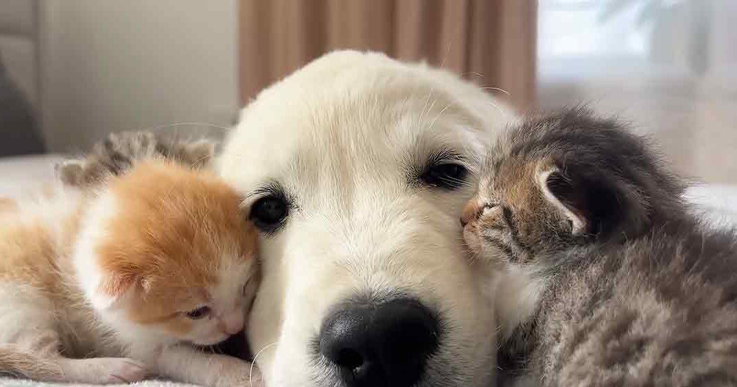 A white puppy, likely a Golden Retriever, resting with two kittens on an indoor cushioned surface under soft natural light.