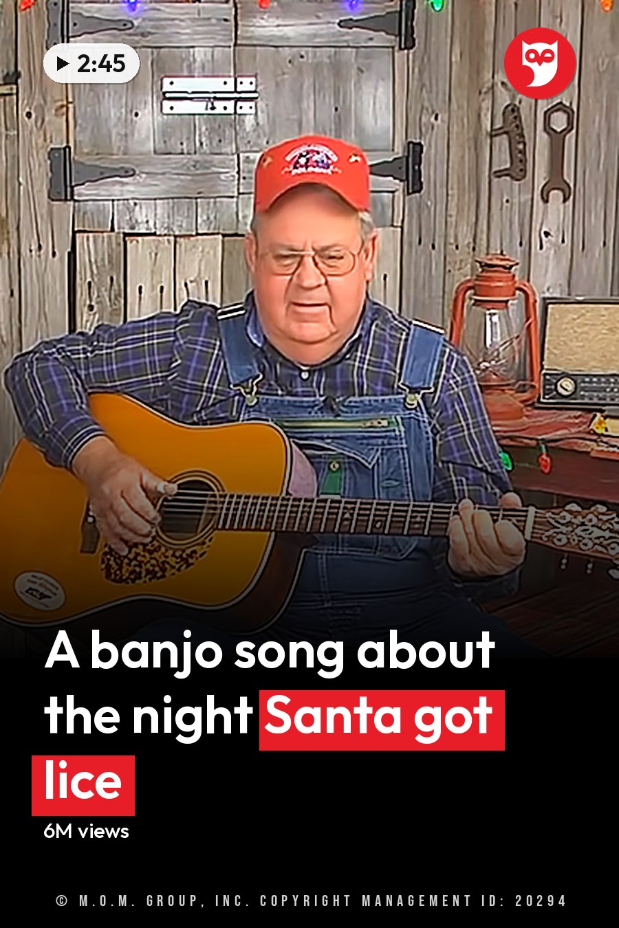Two adult men playing musical instruments in a rustic cabin with Christmas lights, suggesting a holiday setting. The headline runs in white letters across the lower third.