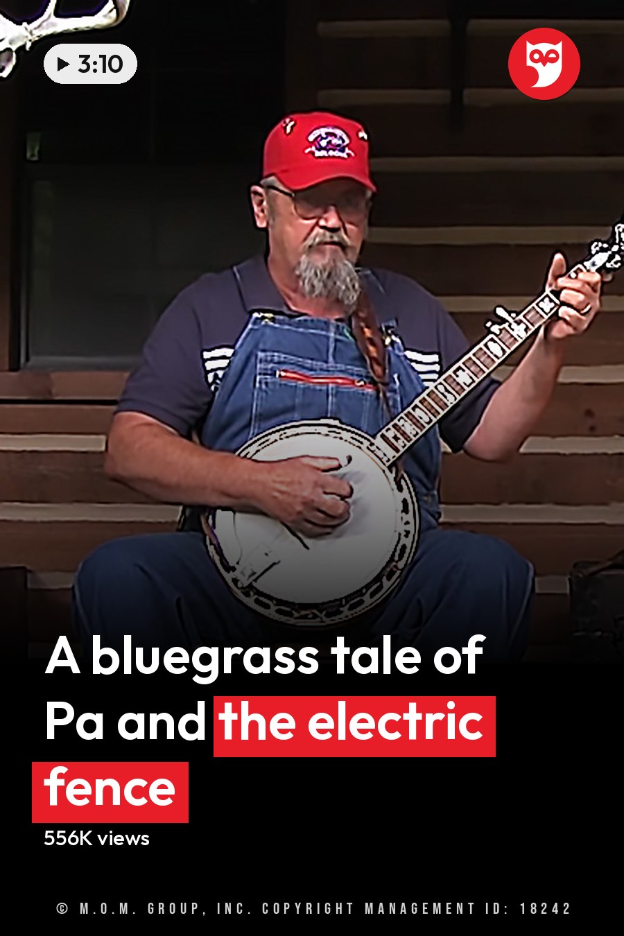 Two middle-aged to older adult males playing musical instruments in a rustic cabin porch setting, surrounded by wooden furniture and antler decorations. The headline runs in white letters across the lower third.