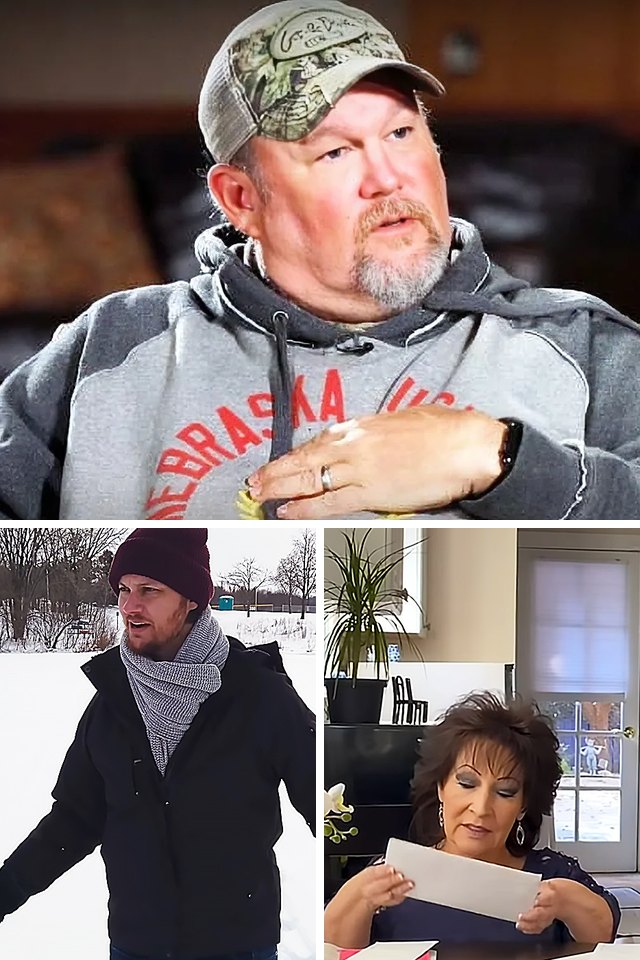 Collage of three video stills, one large above two small. Top: Older adult male wearing a gray hoodie with red lettering, camo baseball cap backward, and wedding ring in…