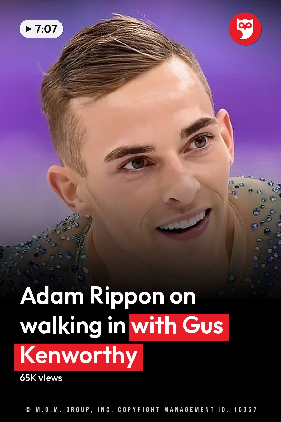 A male figure skater in a sparkling blue costume smiles while gliding on ice during an Olympic event. The headline runs in white letters across the lower third.