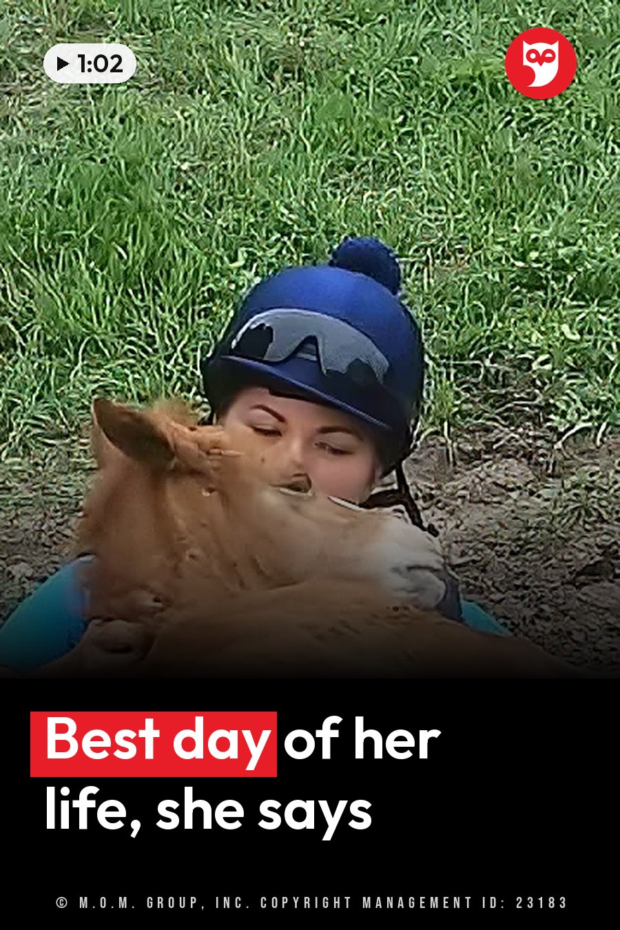 A woman in a blue helmet holds a small brown horse close to her face on grassy ground. A headline runs in white letters across the lower third.
