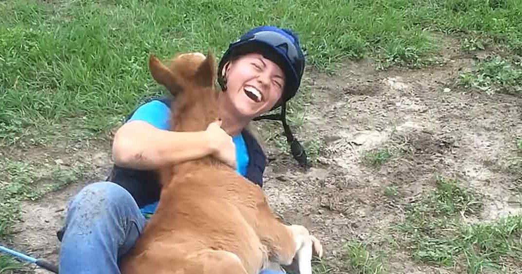 A young adult female wearing a blue t-shirt and helmet walks with her small brown Chihuahua in an outdoor grassy area, likely spring or summer day.