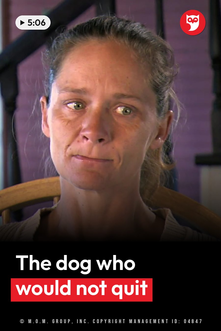 A woman with pulled-back hair sits facing forward with her eyes wide open. A headline runs in white letters across the lower third.