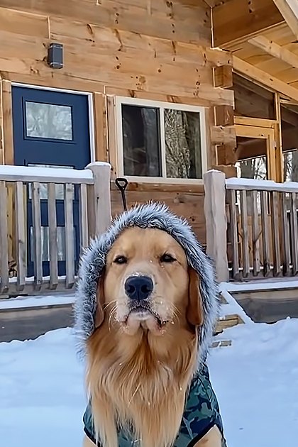 A golden retriever wearing a camouflage-patterned hooded garment in front of a snow-covered cabin with wooden railings, blue door, and windows.