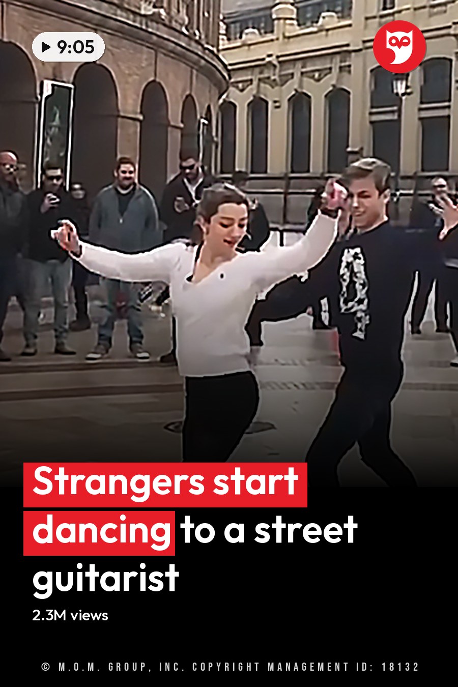 A couple dancing in a public square with historical architecture under soft evening light; people of various ages wearing winter clothing. The headline runs in white letters across the lower third.