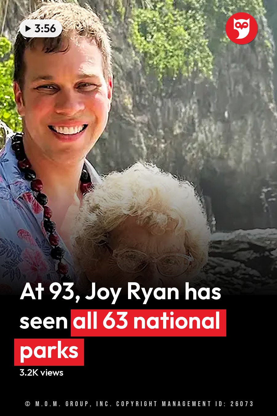 Young adult male in a light blue Hawaiian shirt with pink floral patterns, older adult female in striped shirt by rocky coastline at daytime tropical location. The headline runs in white letters across the lower third.