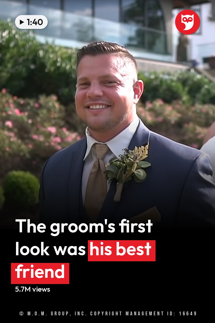 A wedding couple, a male in a dark blue formal suit with a light brown tie and pocket square, and a female in a strapless white wedding gown with a floral headpiece, standing outdoors at what appears to be a wedding venue. The headline runs in white letters across the lower third.