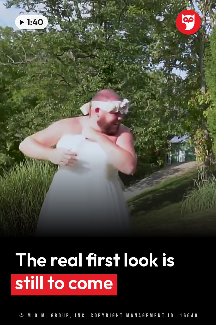 A person in a white dress and a blindfold stands outdoors on the grass, arms crossed over the chest, trees behind. A headline runs in white letters across the lower third.