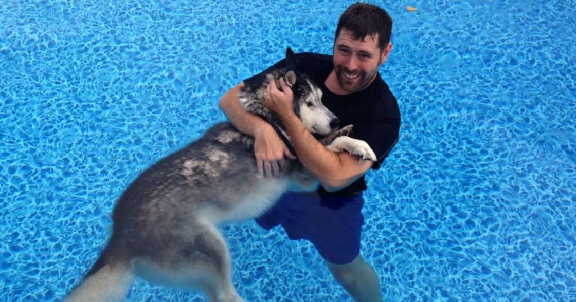 An adult male holding a gray, white, and black husky in a swimming pool setting