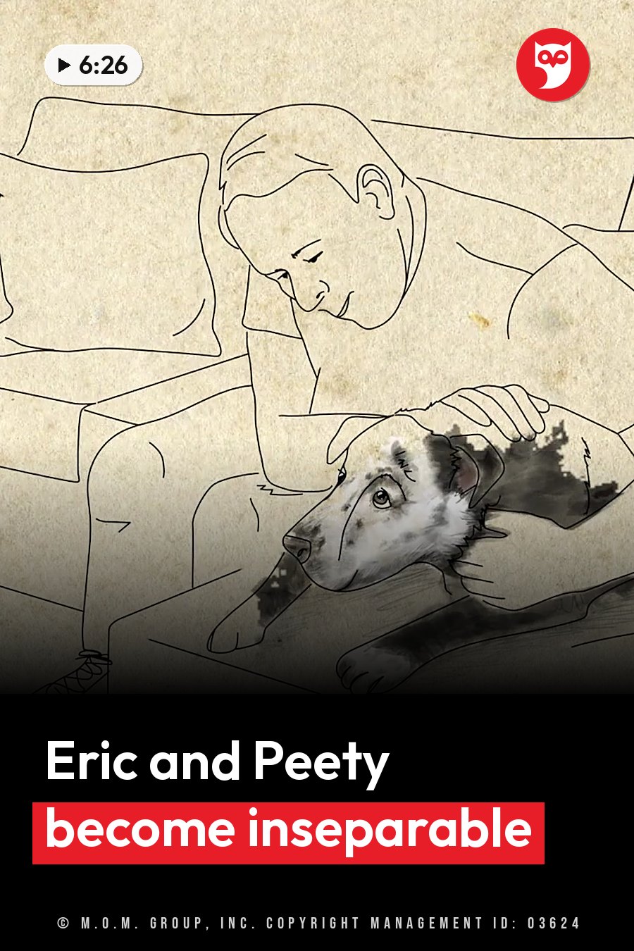 A person lies on a couch, gently stroking a dog that rests beside them. A headline runs in white letters across the lower third.